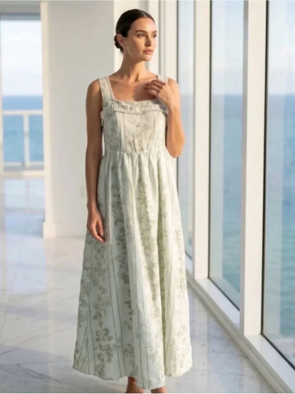 NWT Caroline Constas Floral Linen Blend Ruffle Maxi Dress Size M